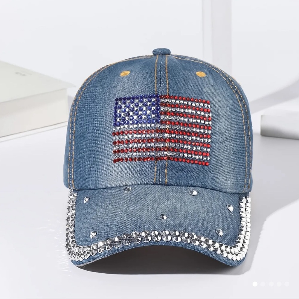 Denim Rhinestone Flag Baseball Cap